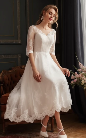 Tea-length Wedding Dress for Older bride | Plus Size Vintage Lace Ivory Modest Midi Bridal Gown with Sleeves