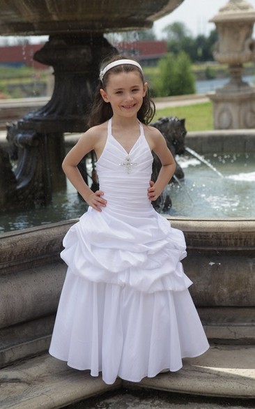 Flower Girl Halter Taffeta Long Dress With Ruffled Skirt