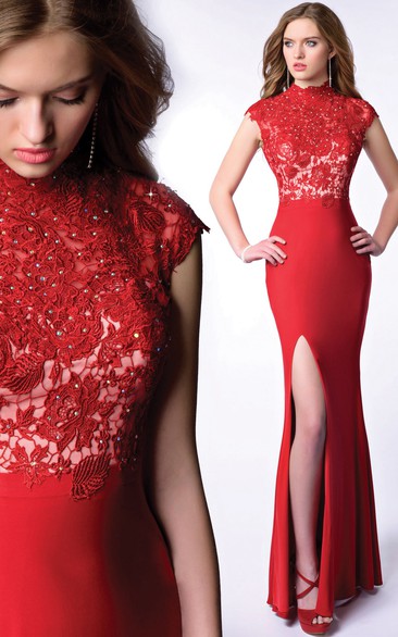 High Neck Cap Sleeve Sheath Jersey Lace Bodice Homecoming Dress With Pearls