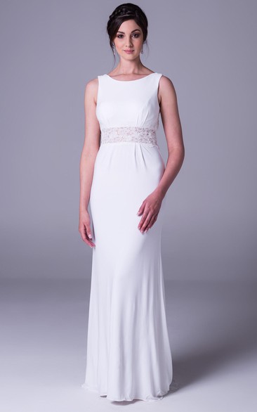 Floor-Length Scoop Jeweled Chiffon Wedding Dress With Brush Train And Keyhole