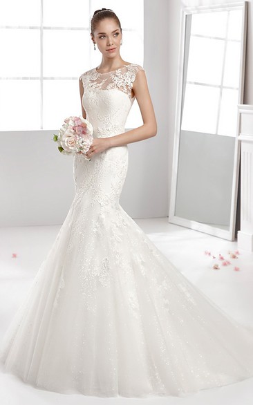 Jewel-Neck Mermaid Lace-Applique Gown With Illusive Neckline And Pleated Train