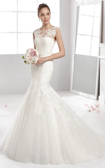 Jewel-Neck Mermaid Lace-Applique Gown With Illusive Neckline And Pleated Train