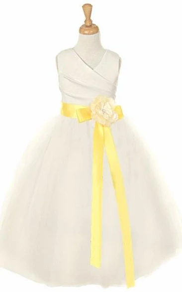 V-Neck Ankle-Length Tiered Tulle&Satin Flower Girl Dress