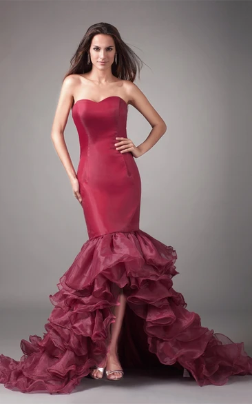 Strapless High-Low Mermaid Brush Train and Gown With Ruffles