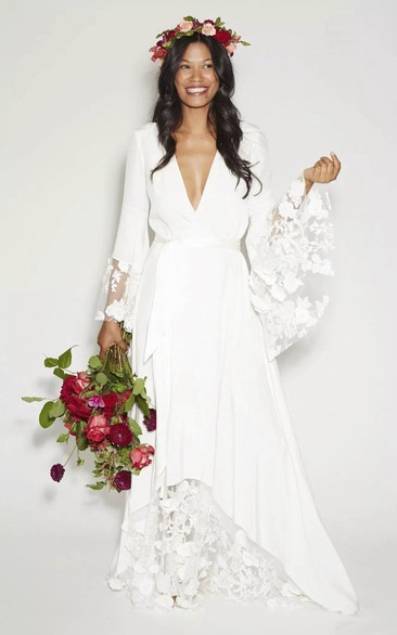 Hippie Boho Flutter Long Sleeve V-Neck Lace Chiffon Vintage Simple Wedding Dress