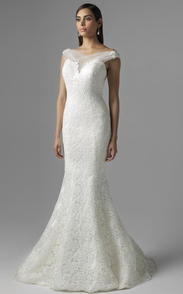 Trumpet Long-Sleeveless V-Neck Lace Wedding Dress With V Back