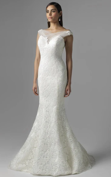 Trumpet Long-Sleeveless V-Neck Lace Wedding Dress With V Back
