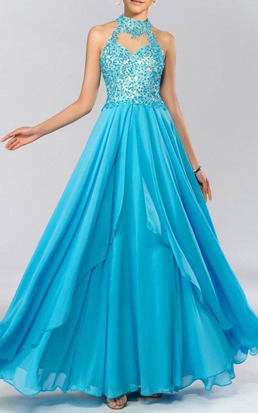 High Neck Appliques Beading Backless Long Prom Dress