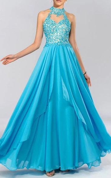 High Neck Appliques Beading Backless Long Prom Dress