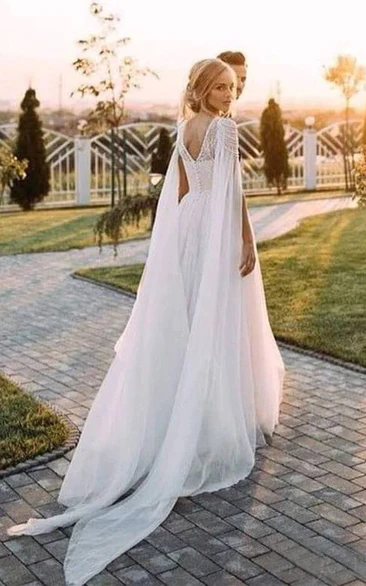Lace Scoop-neck Beaded Cap Empire Chiffon Country Boho Wedding Dress