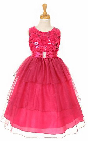 Tea-Length Split-Front Sequins&Satin Flower Girl Dress