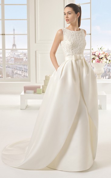 Jewel-Neck Satin Dress With Giveaway Train And Lace Bodice
