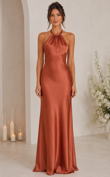 Papaya High Neck Satin Sheath Bridesmaid Dress