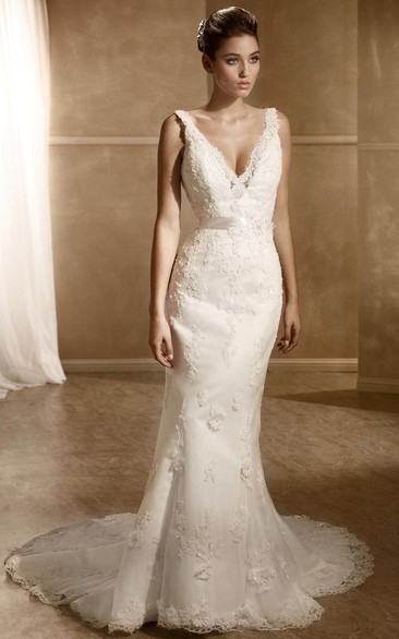 Sheath Floor-Length Sleeveless Appliqued V-Neck Lace Wedding Dress With Chapel Train And Deep-V Back