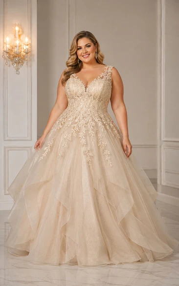 Plus Size Champagne Lace Tulle A-Line Wedding Gown