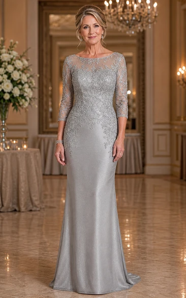 Silver Lace 3/4 Sleeve Sheath Mother of the Bride Dress
