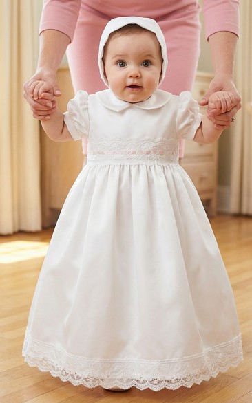 Christening White Satin Baby Flower Girl Dress Puff Sleeve Lace Trim Gown