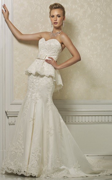 Mermaid Sleeveless Floor-Length Sweetheart Peplum Lace Wedding Dress With Appliques