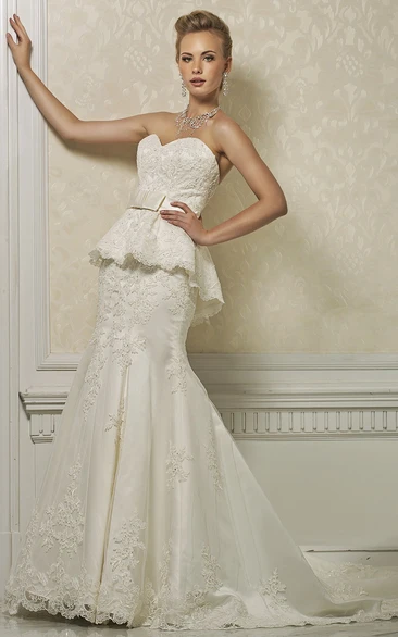 Mermaid Sleeveless Floor-Length Sweetheart Peplum Lace Wedding Dress With Appliques