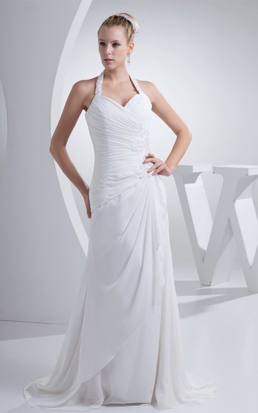 Chiffon Appliqued Floor-Length Ruched Dress With Jeweled Halter
