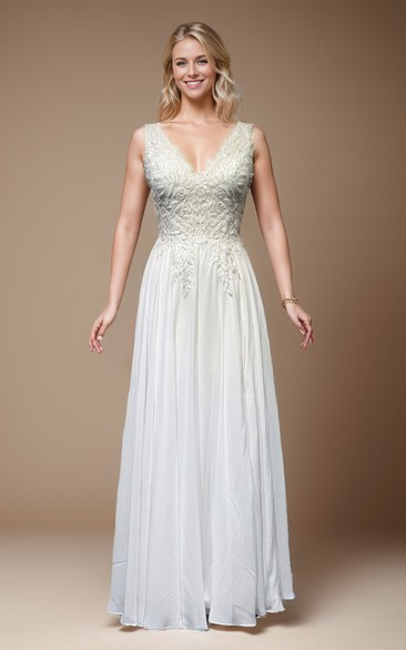 Sexy V-neck Sleeveless Front Split Chiffon Empire Lace Wedding Dress