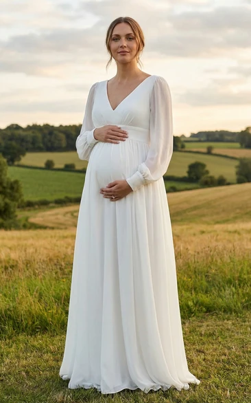 V-Neck Puff Sleeve Maternity Wedding Dress with Chiffon Skirt and Natural Waist