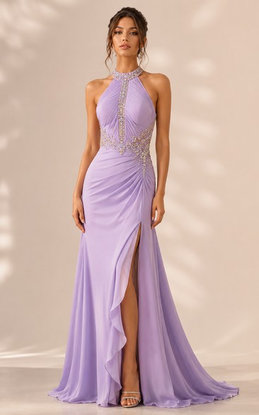 Sheath Evening Dress with Halter, Sleeveless and Beading Split Front, Floor Length