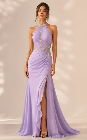 Sheath Evening Dress with Halter, Sleeveless and Beading Split Front, Floor Length