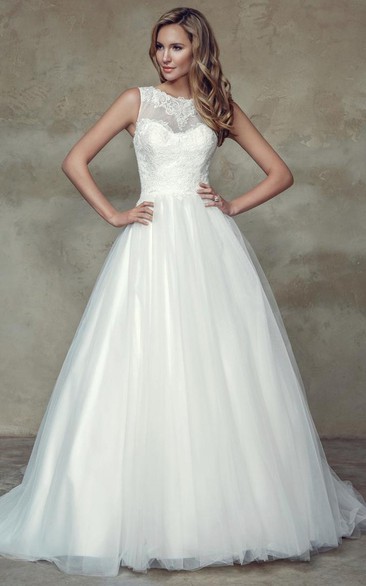 A-Line Ball-Gown Floor-Length Sleeveless Appliqued Scoop Lace & Satin Simple Wedding Dress With Court Train And Illusio ...
