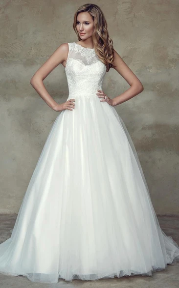 A-Line Ball-Gown Floor-Length Sleeveless Appliqued Scoop Lace & Satin Simple Wedding Dress With Court Train And Illusio ...