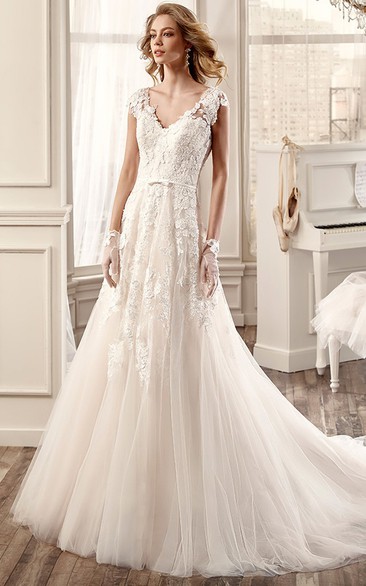 Cap-Sleeve V-Neck Pleating Wedding Dress With Brush Train And Open Back
