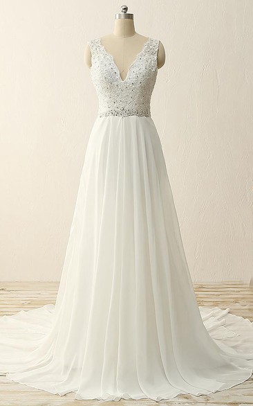 Maxi V-Neck Beading Chiffon Lace Satin Vow Renewal Dress