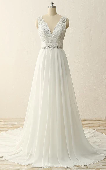 Maxi V-Neck Beading Chiffon Lace Satin Vow Renewal Dress