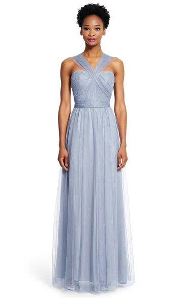 A-Line Strapped Maxi Sleeveless Ruched Tulle Bridesmaid Dress With Sash