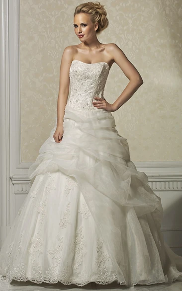 Ball Gown Strapless Floor-Length Appliqued Sleeveless Lace&Organza&Satin Wedding Dress With Pick Up And Cape