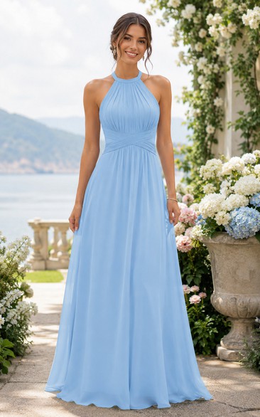 Sky Blue Halter A-Line Chiffon Bridesmaid Dress