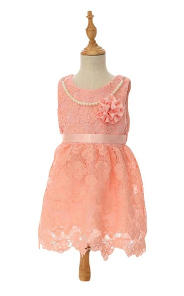 Sleeveless Scoop-neck A-line Lace Dress With Flower