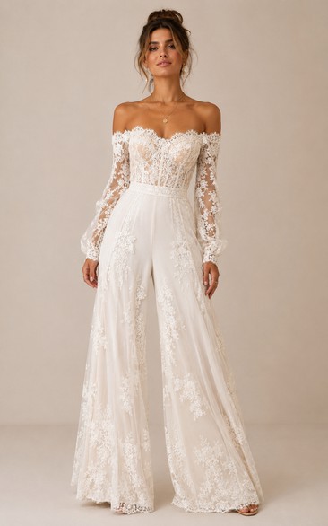 Boho Jumpsuit Wedding Dress Off Shoulder Long Sleeve Sweetheart Lace Floor Length White