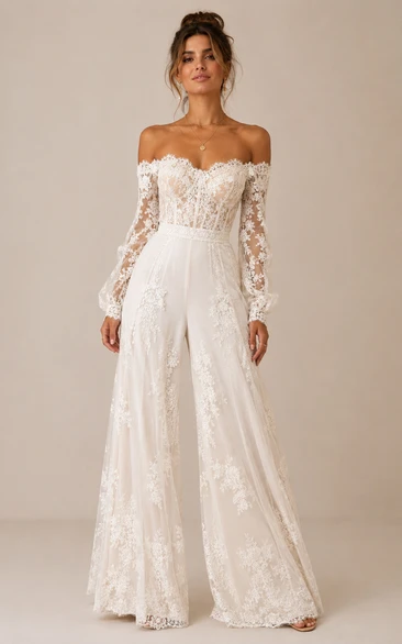 Boho Jumpsuit Wedding Dress Off Shoulder Long Sleeve Sweetheart Lace Floor Length White