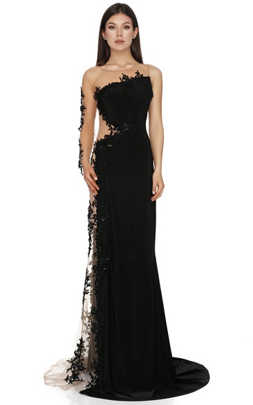 Modern Long Sleeve Floor-length A Line Lace Illusion Formal Dress with Appliques