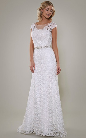 Sheath Cap-Sleeve Scoop-Neck Maxi Jeweled Lace Wedding Dress