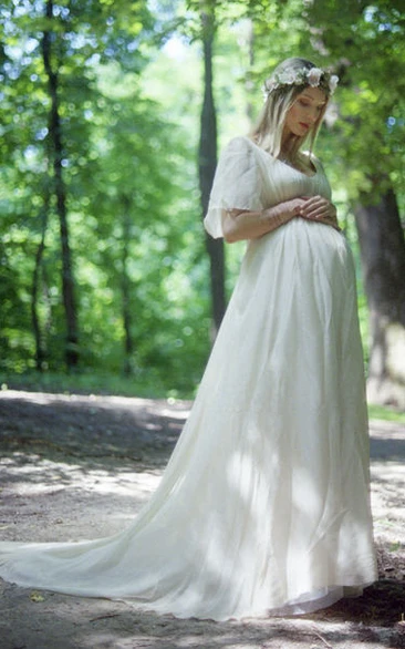 A-line Bat Short Sleeve Empire Maternity Wedding Dress