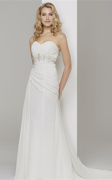 Sheath Jeweled Sweetheart Chiffon Wedding Dress With Criss Cross And Sweep Train