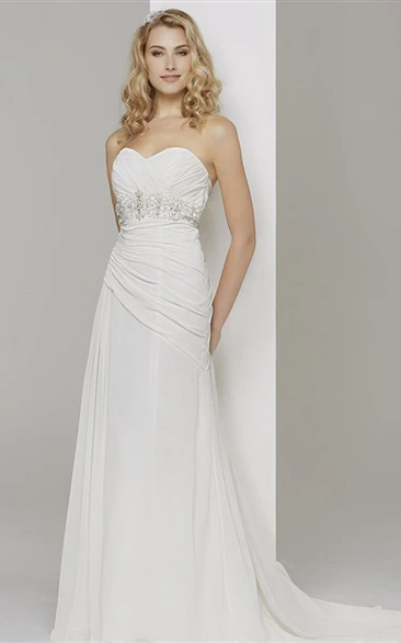 Sheath Jeweled Sweetheart Chiffon Wedding Dress With Criss Cross And Sweep Train
