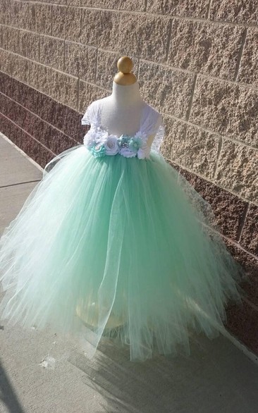 Lace Cap Sleeve Floral Empire Waist Tulle Ball Gown With Ruffles and Sash