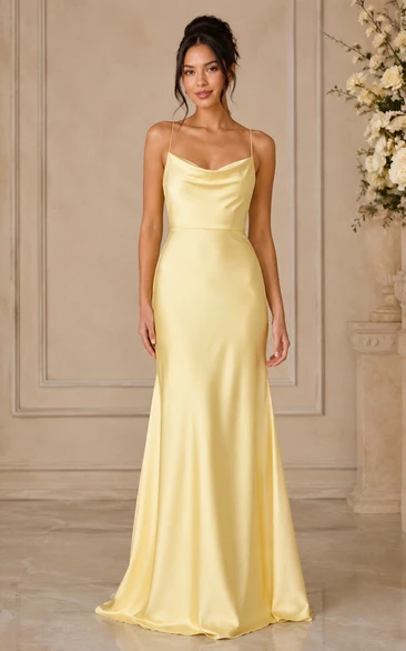 Daffodil Cowl Neck Satin Sheath Bridesmaid Dress