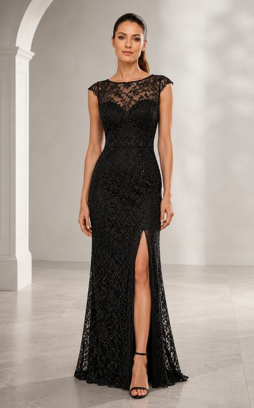Black Lace Cap Sleeve Sheath Evening Dress Illusion Neckline for Evening and Formal Events