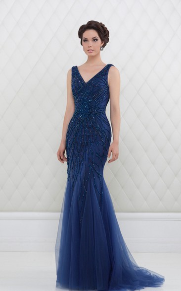 Trumpet V-Neck Beaded Long Sleeveless Tulle Prom Dress With Pleats