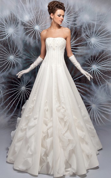 A-Line Sleeveless Floor-Length Ruffled Strapless Satin Wedding Dress With Beading