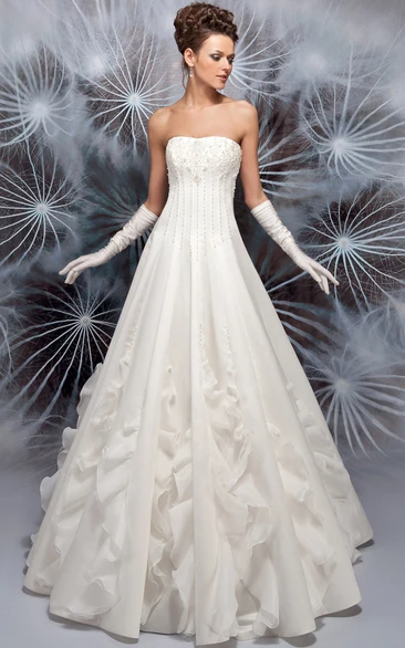 A-Line Sleeveless Floor-Length Ruffled Strapless Satin Wedding Dress With Beading